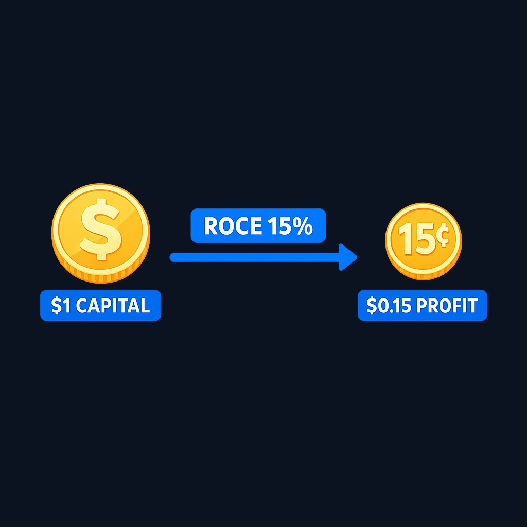 ROCE measures how many cents of operating profit each dollar of long-term capital generates. A 15% ROCE means $1 of capital produces