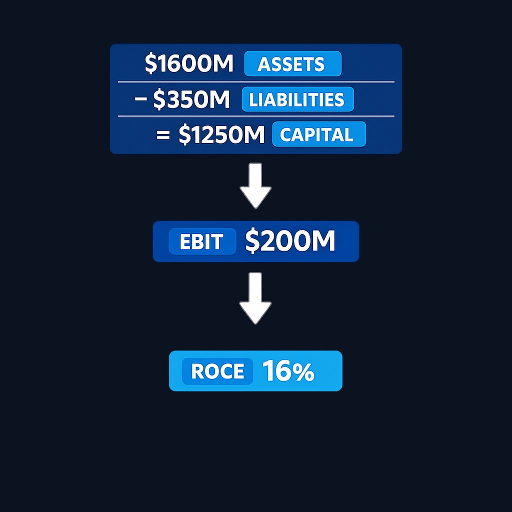 Example calculation: Company has $200M EBIT and $1.25B capital employed (assets $1.6B minus current liabilities $350M), resulting in ROCE of 16%.
