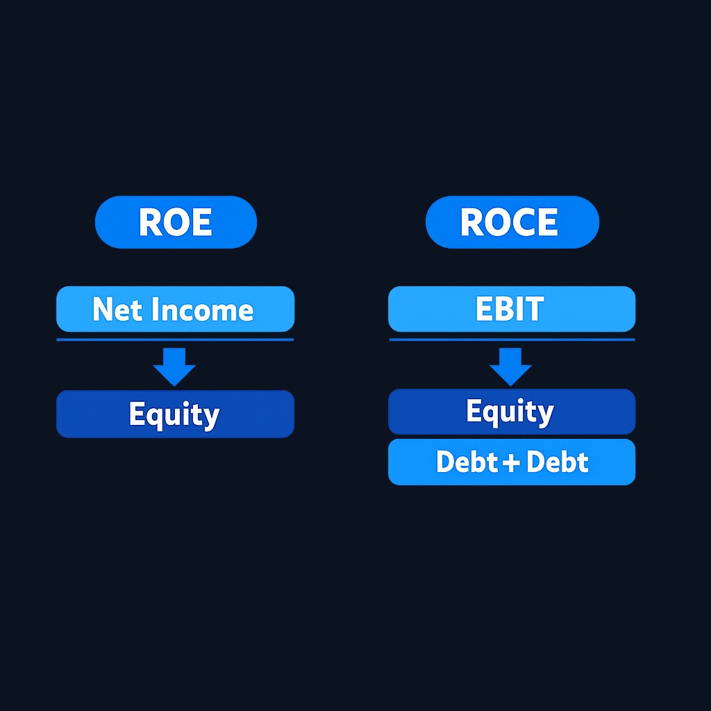 ROCE includes debt in its capital base, making it harder to inflate with leverage. ROE only measures against equity, so borrowing more can