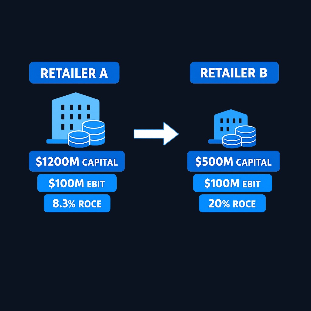 Both retailers earn $100M EBIT, but Retailer B achieves 20% ROCE with half the capital of Retailer A's 8.3% ROCE—demonstrating superior capital efficiency despite identical profit.
