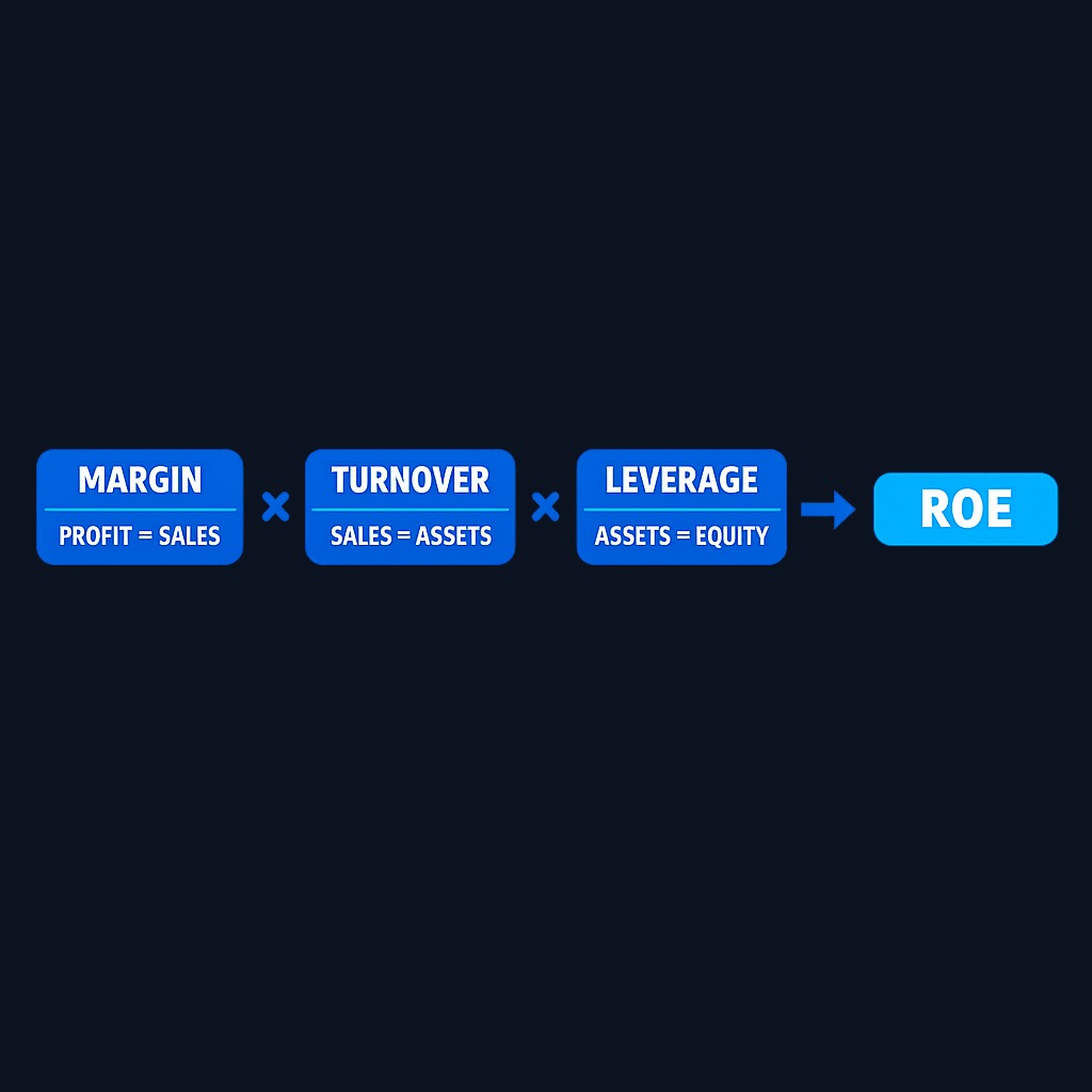 The DuPont framework decomposes ROE into three drivers: profit margin (how much of sales becomes profit), asset turnover (revenue efficiency), and equity multiplier (leverage). Two companies can reach the same ROE through completely different routes.