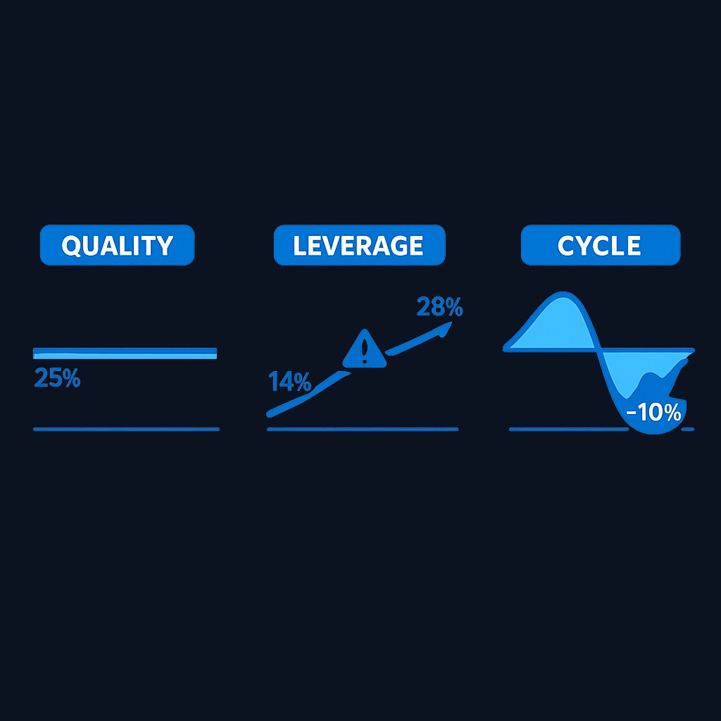 Three ROE paths: Quality compounder sustains 25% ROE through strong margins and low debt. Leveraged illusion shows ROE doubling