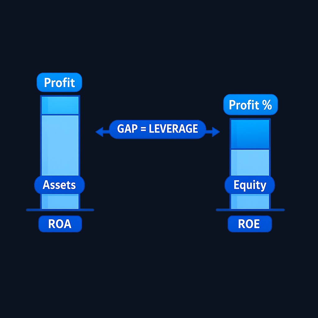 ROE measures profit against shareholders' equity only. ROA measures profit against all assets (including debt-funded ones). A large gap between the two reveals high leverage—debt is amplifying both returns and risk. Can ROE be too high? Yes.