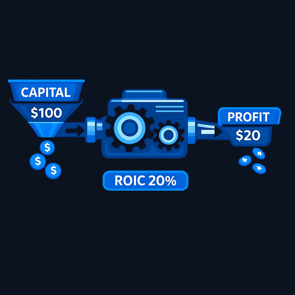 ROIC measures how efficiently a company converts invested capital into operating profit. Think of it as the business's efficiency rating: $100 of capital generating $20 of after-tax profit represents a 20% ROIC.