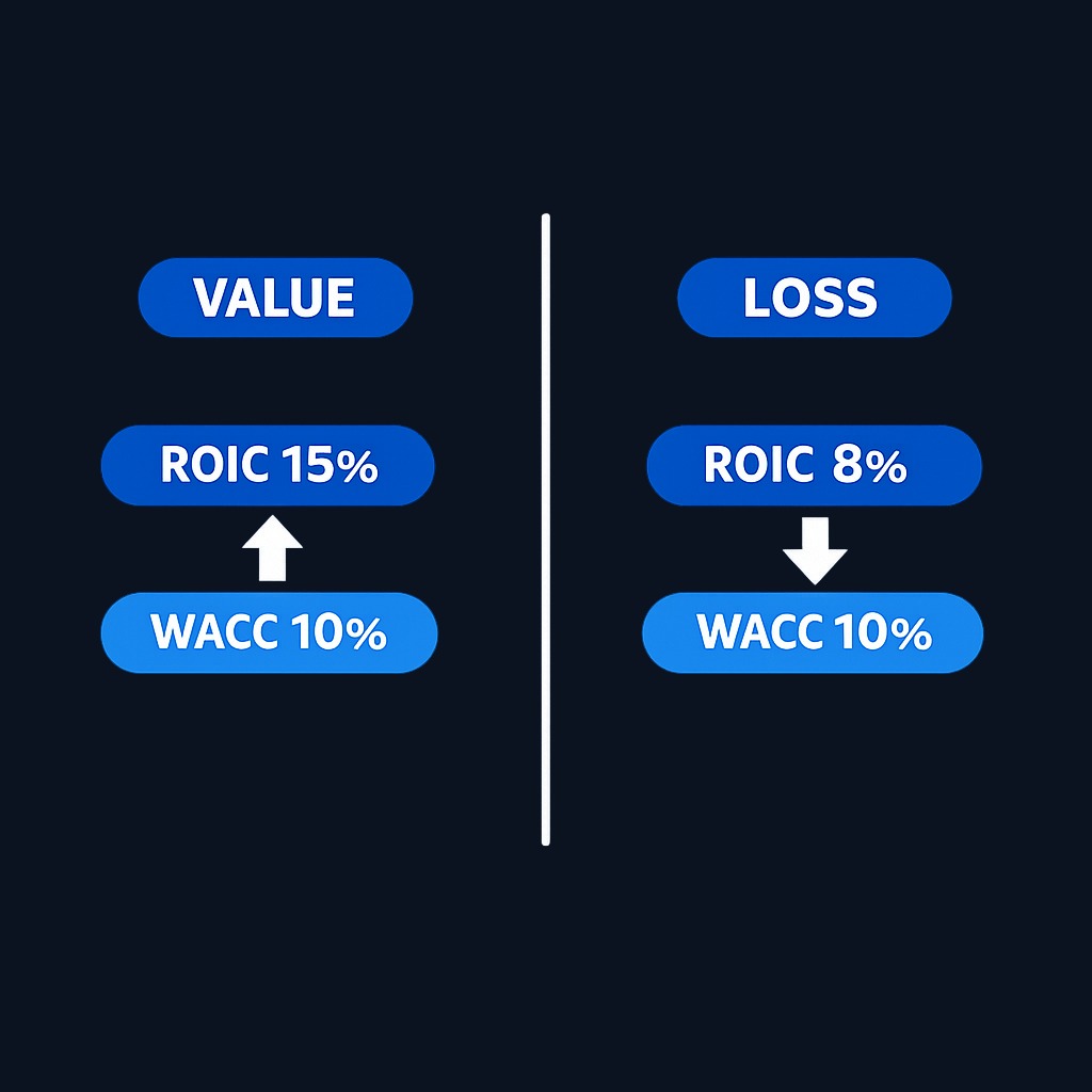 Value is created when ROIC exceeds the cost of capital (WACC). If capital costs 10% but the business earns 15%, each invested dollar creates wealth. When ROIC falls below WACC, growth actually destroys value because the company keeps funding an inefficient machine.
