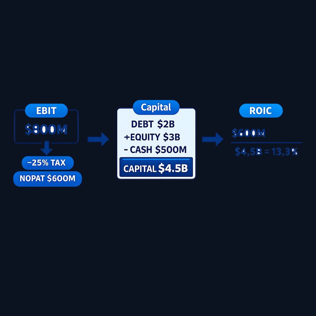 Step-by-step ROIC calculation: Start with $800M operating income, apply 25% tax to get $600M NOPAT. Total capital is $5B debt+equity minus $500M excess cash = $4.5B invested capital. ROIC = $600M ÷ $4.5B = 13.3%.