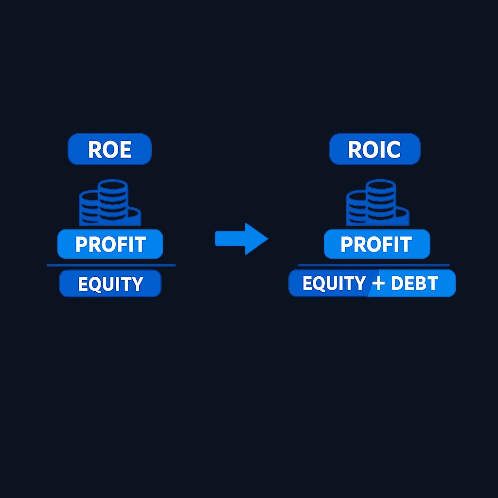 ROE can be inflated by borrowing more money without improving the underlying business. ROIC counts debt in the denominator, revealing true operating quality. The gap between the two metrics shows how much leverage is amplifying returns.