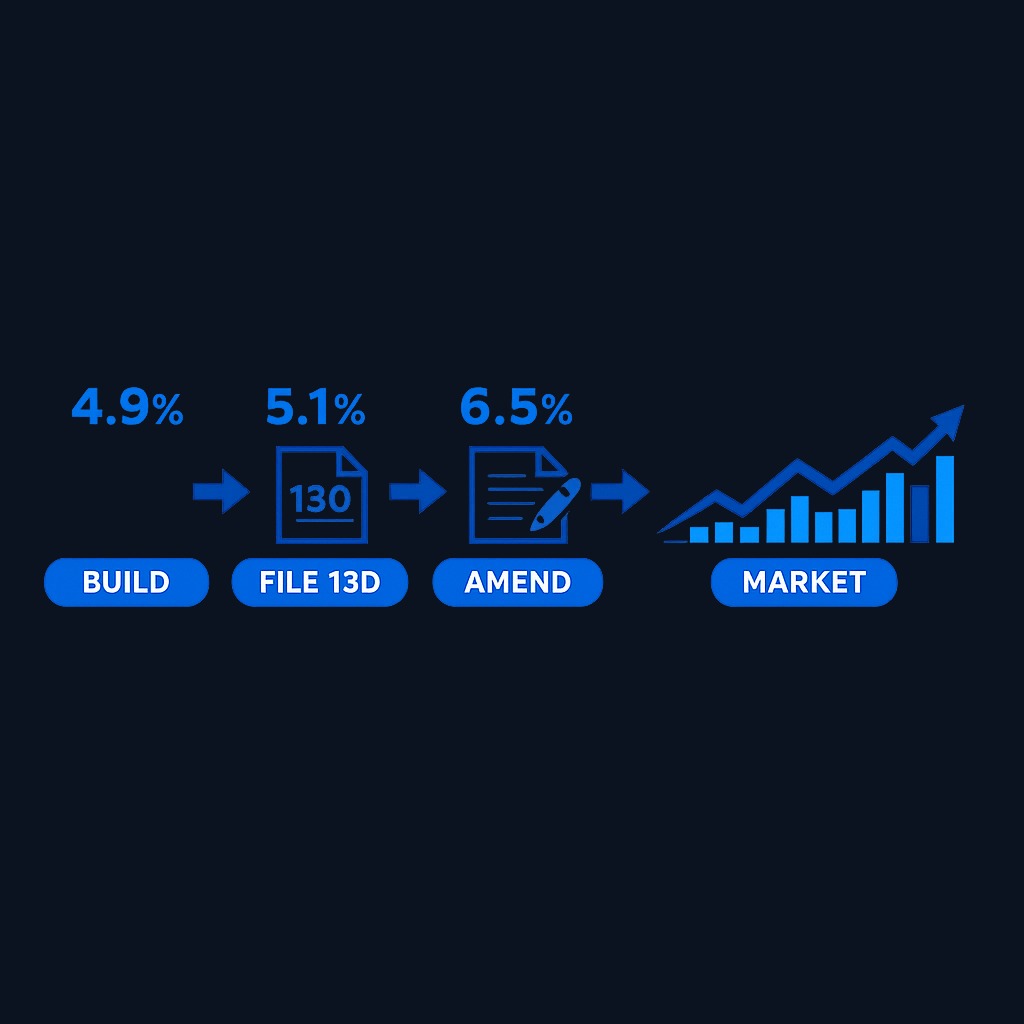 In a typical activist campaign, a fund quietly accumulates shares just below the 5% threshold to avoid early disclosure. Once the position