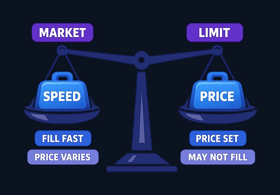 Market orders prioritize speed—your order executes immediately at the best available price, which may differ from your expectation. Limit