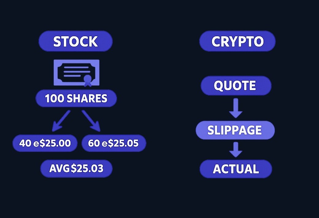Stock example: Your 100-share order splits across two prices (40 at $25.00, 60 at $25.05), producing an average fill above $25.00. Crypto example: The swap completes at a different price than the quote you saw. In both cases, reviewing the full execution report