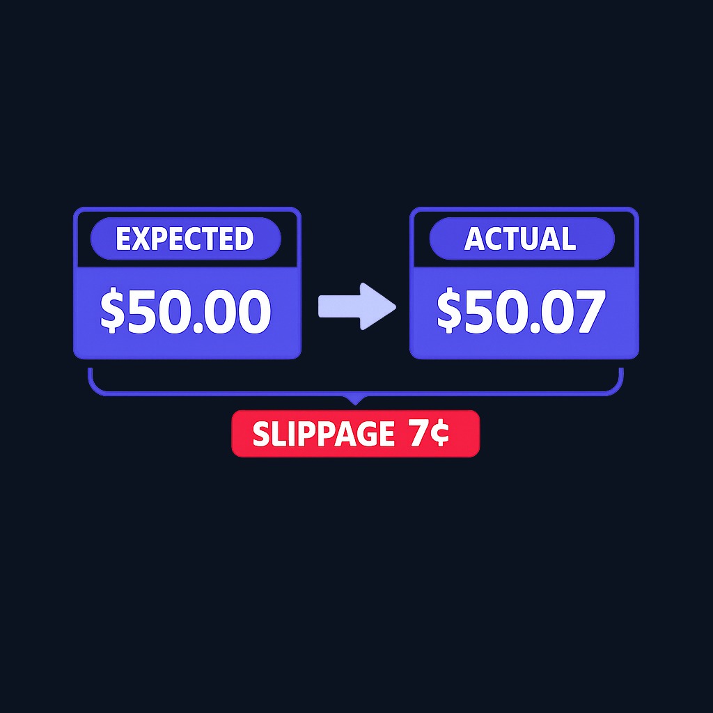 Slippage occurs when your order executes at a different price than the quote you saw. Here, a buy order intended at $50.00 fills at $50.07,