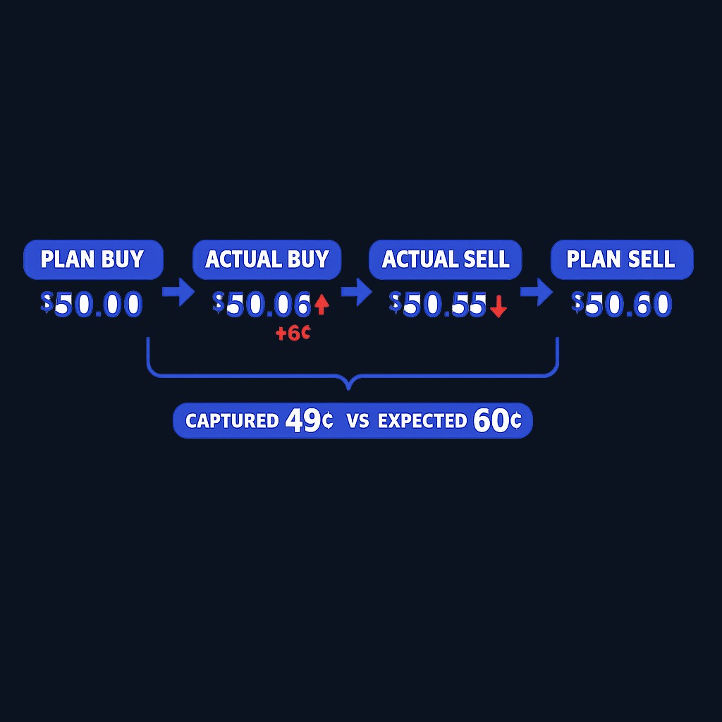 A trade planned to capture 60 cents loses roughly a fifth of its edge to slippage. The buy slips 6 cents higher and the sell slips 5 cents lower,