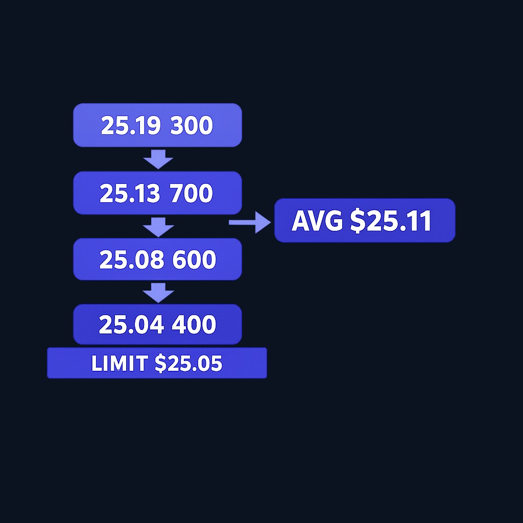 A 2,000-share market order in a stock with limited depth at each price level walks up the order book, filling in chunks at progressively worse prices and averaging $25.11—far above the initial $25.04 ask.