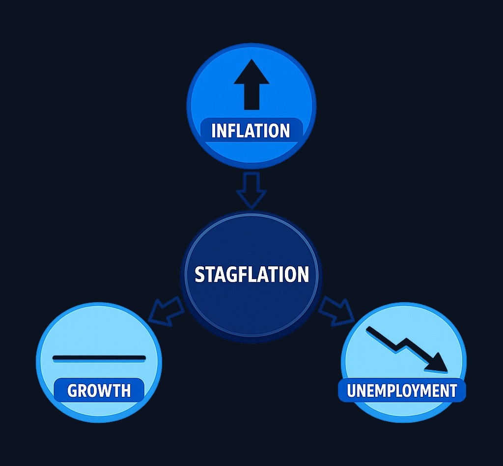 Stagflation combines three simultaneous economic pressures: rising prices (inflation), weak or no economic expansion (stagnant growth), and difficulty finding work (high unemployment). Unlike typical downturns, all three occur together.