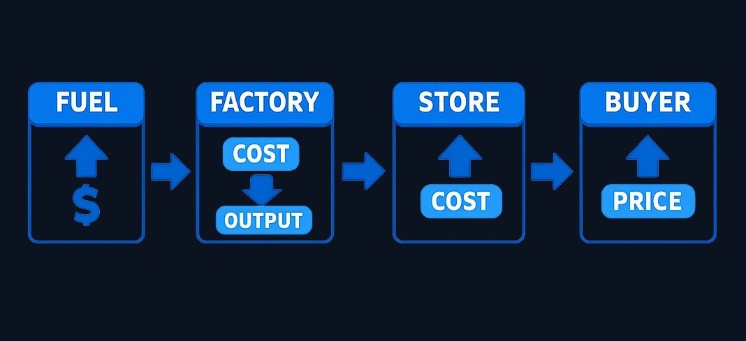 A supply shock in one sector cascades through the economy. Higher fuel costs increase expenses for manufacturers, who then raise