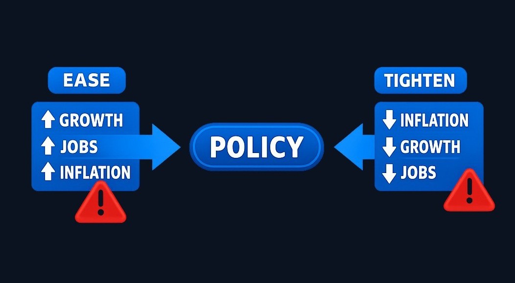 Policymakers face a painful trade-off. Actions to reduce inflation (such as higher interest rates) can worsen unemployment and growth.