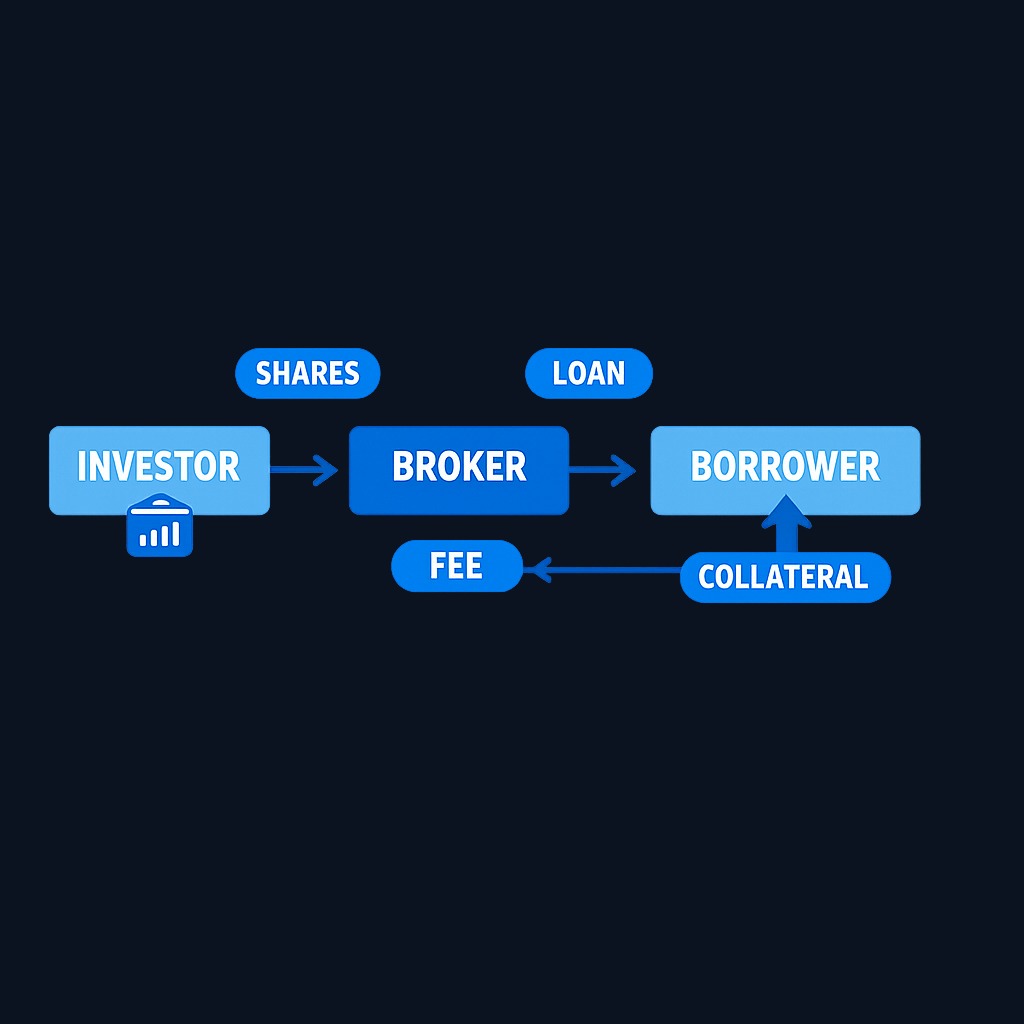 The stock-lending chain: investor opts in, broker matches loan, borrower posts collateral, fees accrue, and shares can be recalled anytime.