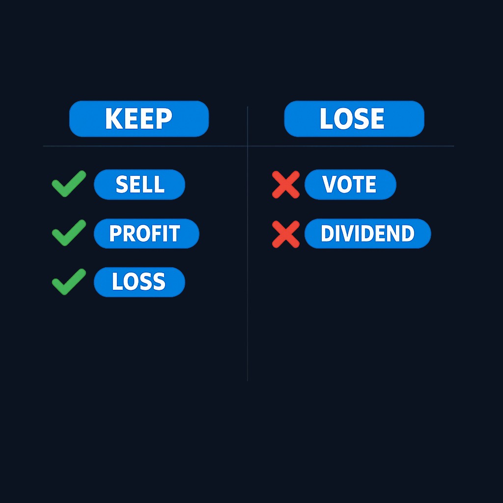 While shares are on loan, you retain the right to sell and keep market exposure, but you temporarily lose voting rights and receive substitute dividend payments instead of qualified dividends.