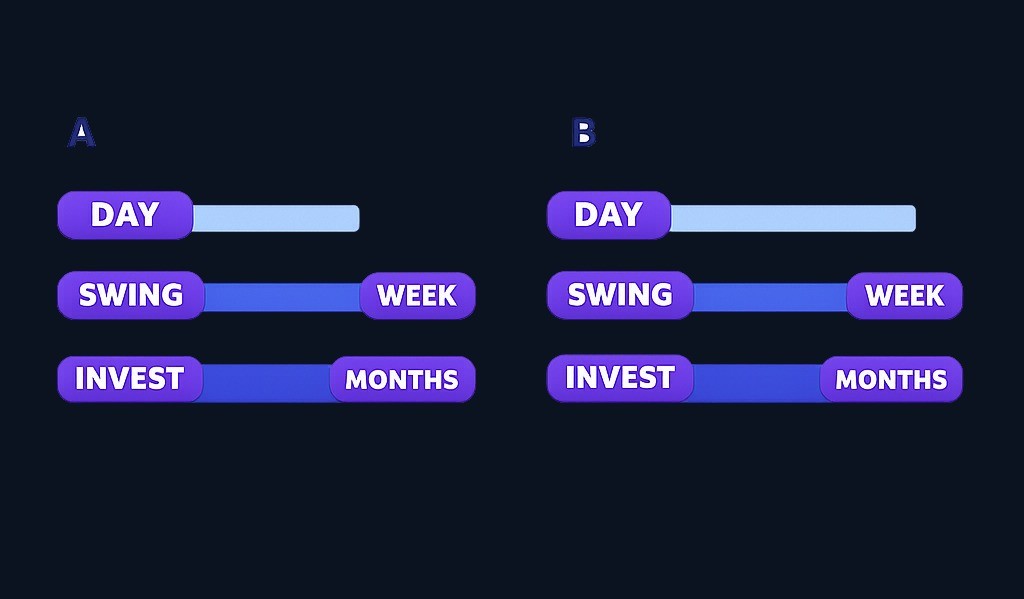Day traders close positions within one session. Swing traders hold for days or weeks. Long-term investors hold for months or years. Each
