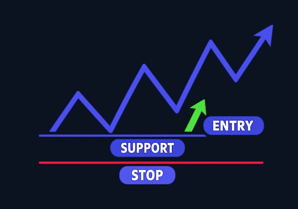 In a trend pullback, price makes higher highs and higher lows, then dips toward prior support. A swing trader may enter when selling