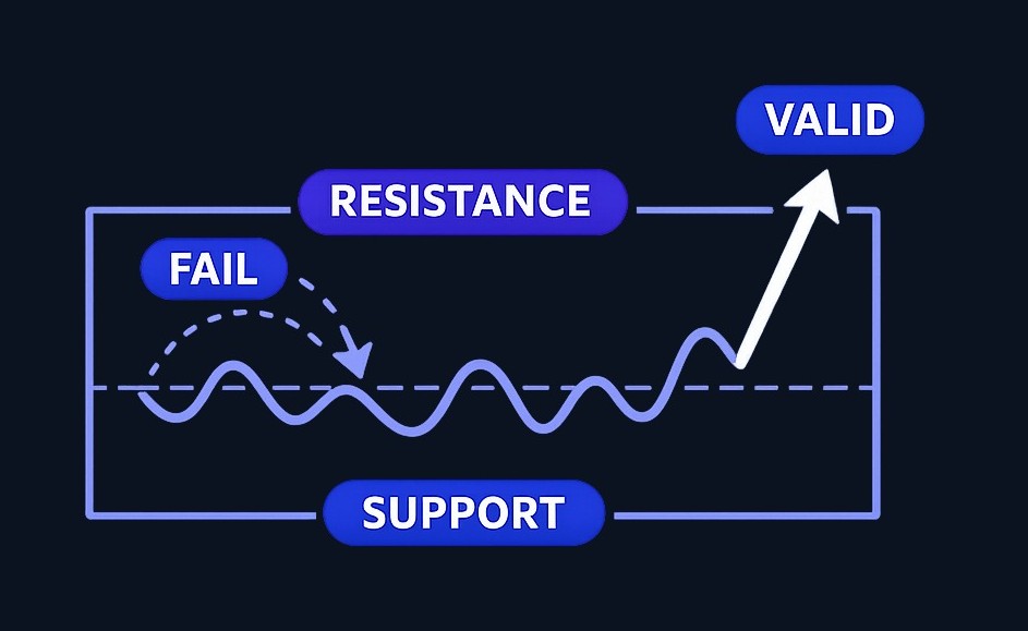A breakout occurs when price moves above resistance that contained it. If price quickly returns inside the range, the breakout may have