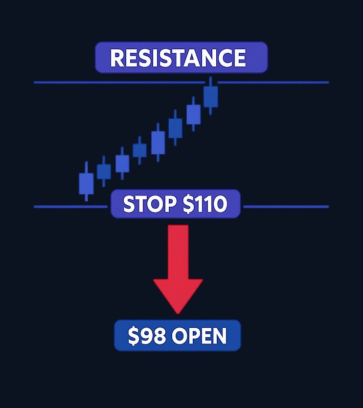 A trader plans to exit if price falls below former resistance (planned stop). Overnight news causes the asset to gap open well below that