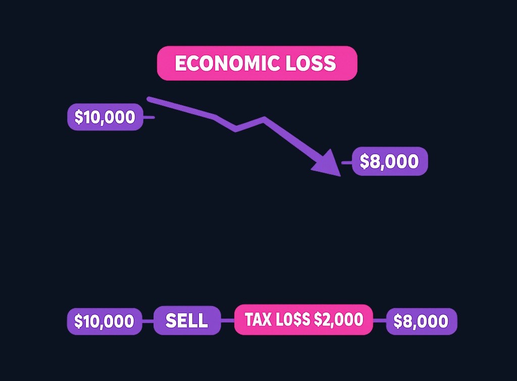 Tax-loss harvesting changes the timing of tax recognition but does not eliminate the portfolio's economic loss. The $2,000 decline in value