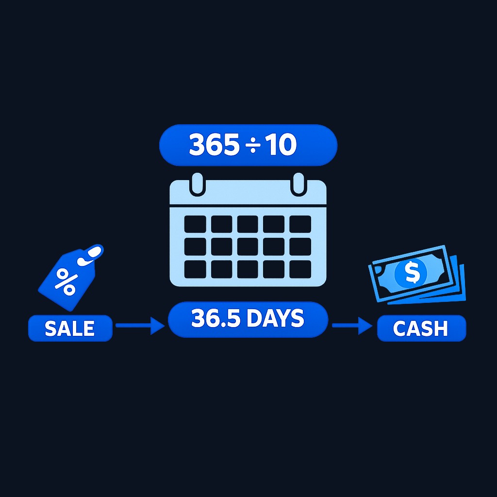 Days Sales Outstanding (DSO) converts the turnover ratio into average collection days. With a turnover of 10, divide 365 days by 10 to get 36.5 days—the average time from sale to cash.