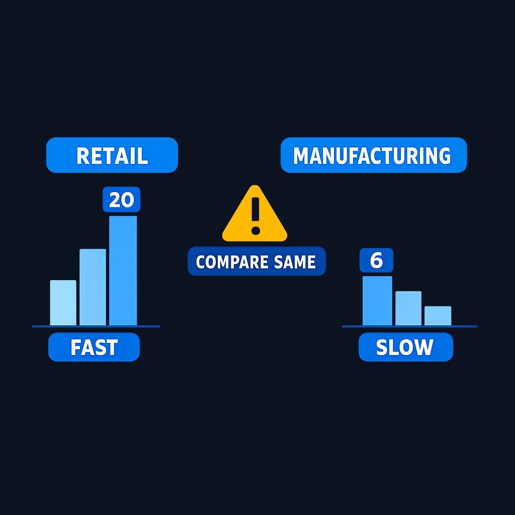 The same turnover ratio means different things across industries. Grocery retailers with cash sales achieve high turnover naturally, while manufacturers selling on extended terms operate at structurally lower ratios. Always compare within the same industry.
