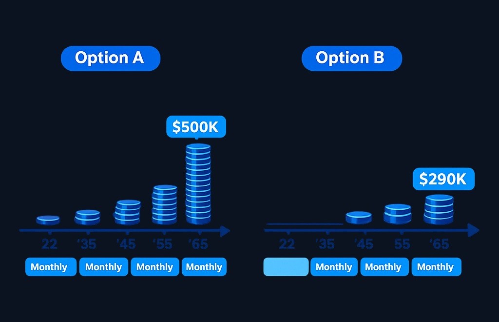Starting at age 22 vs. 35: Even with identical monthly contributions and returns, the earlier investor builds significantly more wealth