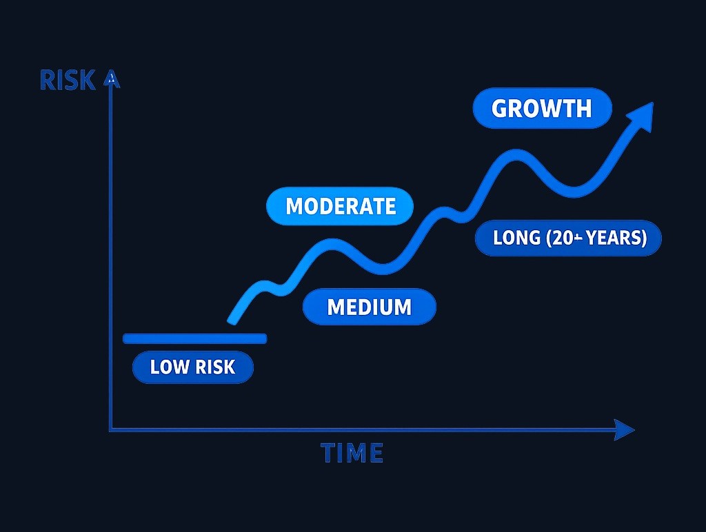 Match your investment risk to your timeline: longer time horizons allow recovery from market swings, while short-term goals require more stability.