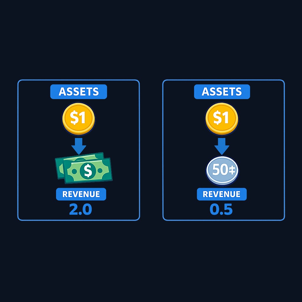 The asset turnover ratio shows how many dollars of revenue each dollar of assets generates. A ratio of 2.0 means high efficiency; 0.5 means