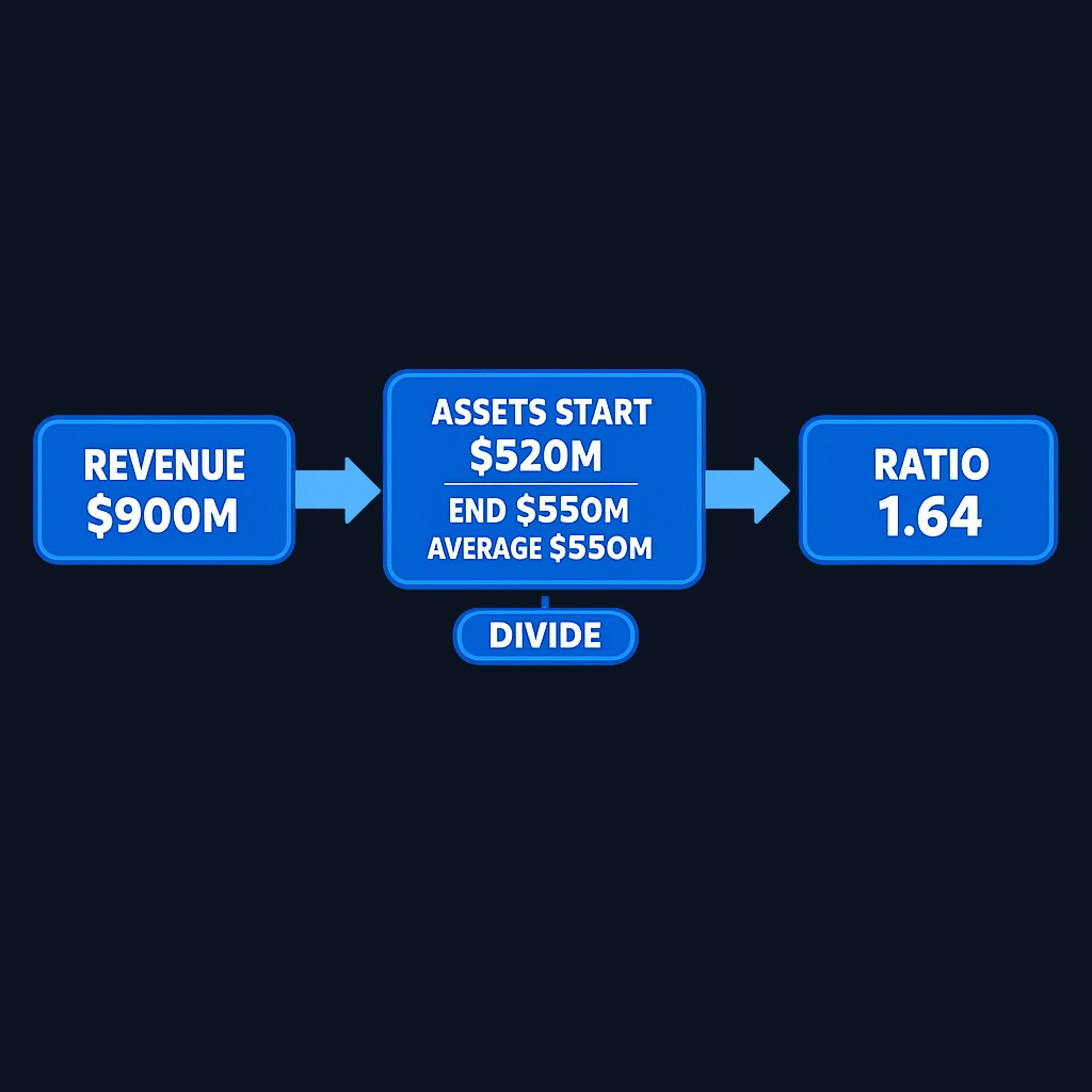 Step-by-step calculation: revenue of $900M divided by average assets of $550M equals an asset turnover ratio of 1.64. Each dollar of assets generated $1.64 in sales during the period.
