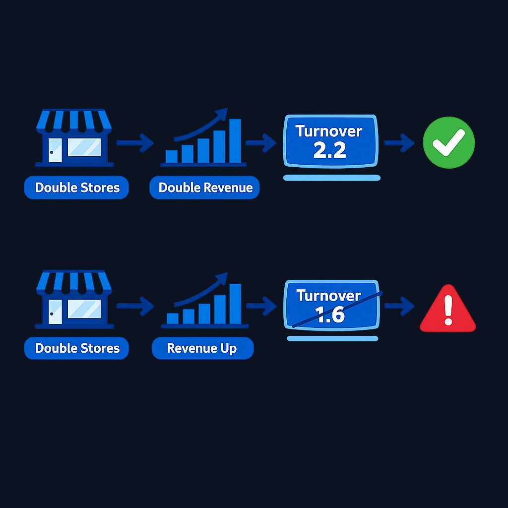 The expansion test in action: if a retailer doubles stores and revenue while turnover holds steady (2.2 to 2.2), new assets are productive. If