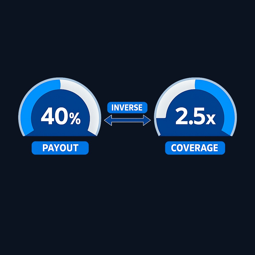 Coverage ratio and payout ratio are mirror images: a 40% payout ratio means the company earns 2.5 times what it pays out, while a coverage ratio of 2.5 means it pays out 40% of earnings.