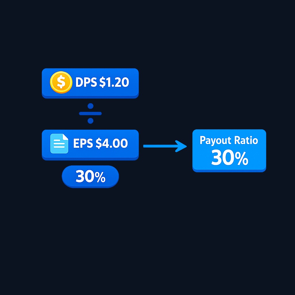 Same company, per-share view: annual dividend of $1.20 divided by earnings per share of $4.00 equals a 30% payout ratio. Both methods—