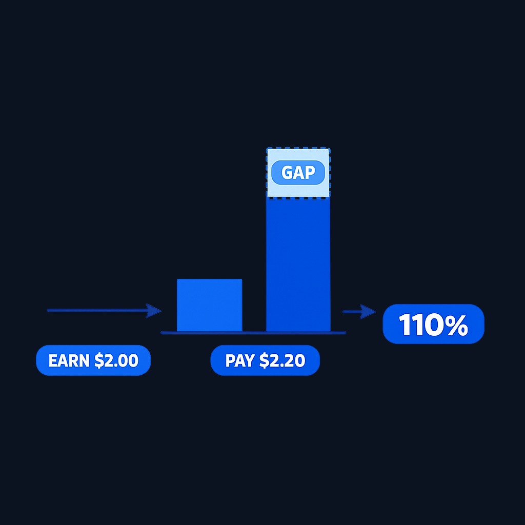 A payout ratio above 100% means the company distributes more than it earns. Here, $2.20 dividend against $2.00 earnings produces a 110%