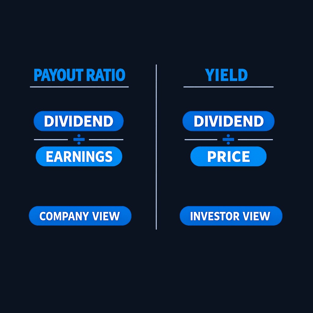 Payout ratio and dividend yield measure different things. Payout ratio (dividend ÷ earnings) reveals affordability for the company. Dividend