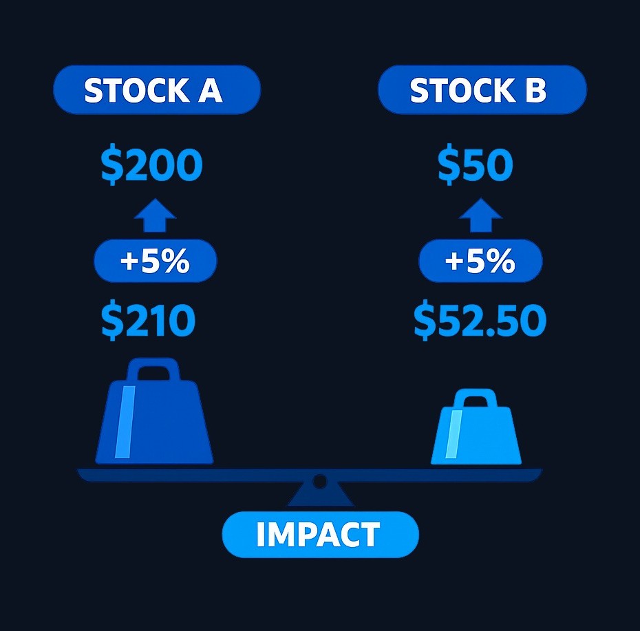 In a price-weighted index, a stock trading at a higher price (Stock A at $200) has more influence on the index movement than a lower- priced stock (Stock B at $50), even when both rise by the same percentage.