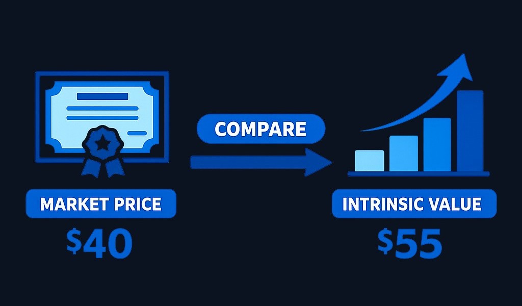 Intrinsic value estimates what a stock is fundamentally worth based on financial analysis, separate from its current market price.