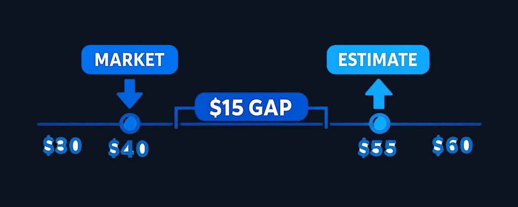 In this example, a stock trading at $40 has an estimated intrinsic value of $55, suggesting it may be undervalued by $15 per share— though this depends entirely on the accuracy of your assumptions.