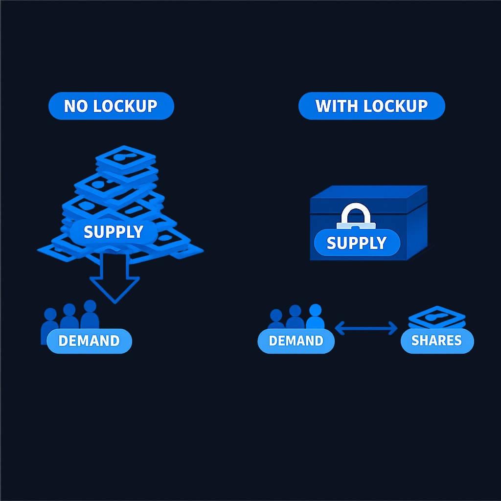 Without a lockup, the massive supply of insider shares could flood the market immediately, overwhelming buyer demand and causing price instability. The lockup creates time for natural demand to build while supply remains controlled.