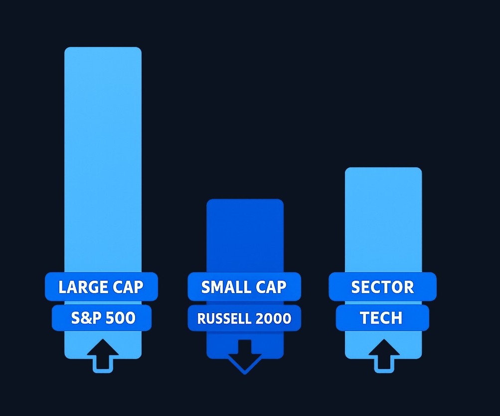 Different indices track different market segments. The Russell 2000 focuses on small-cap companies, while indices like the S&P 500