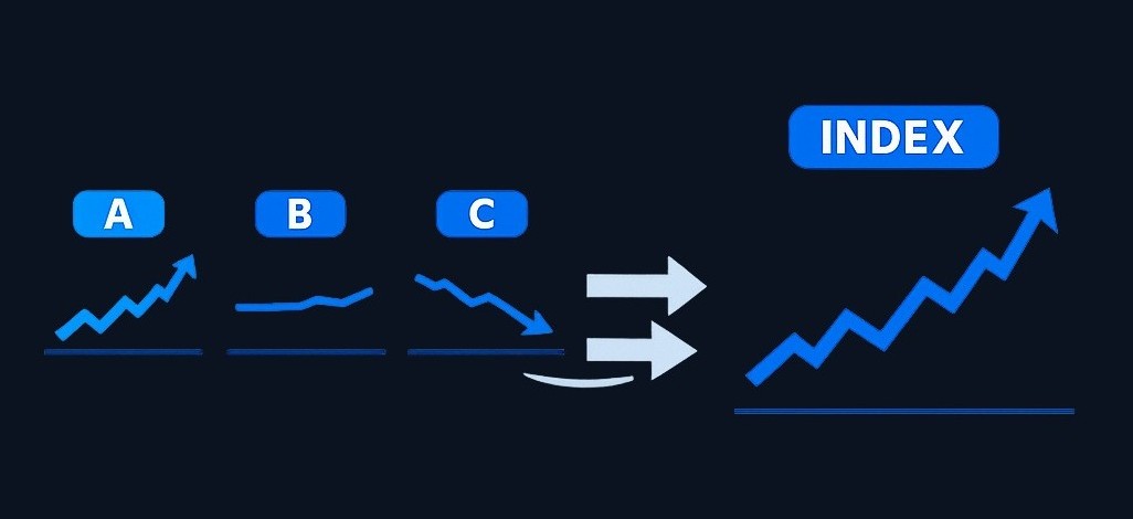 An index combines individual company price movements into one measurement. When constituent prices rise or fall, the index level