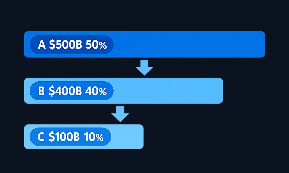 In a market-cap-weighted index, Company A's $500 billion market cap gives it 50% weight, while Company C's $100 billion gives it only 10% weight. A 1% move in Company A affects the index five times more than the same move in Company C.