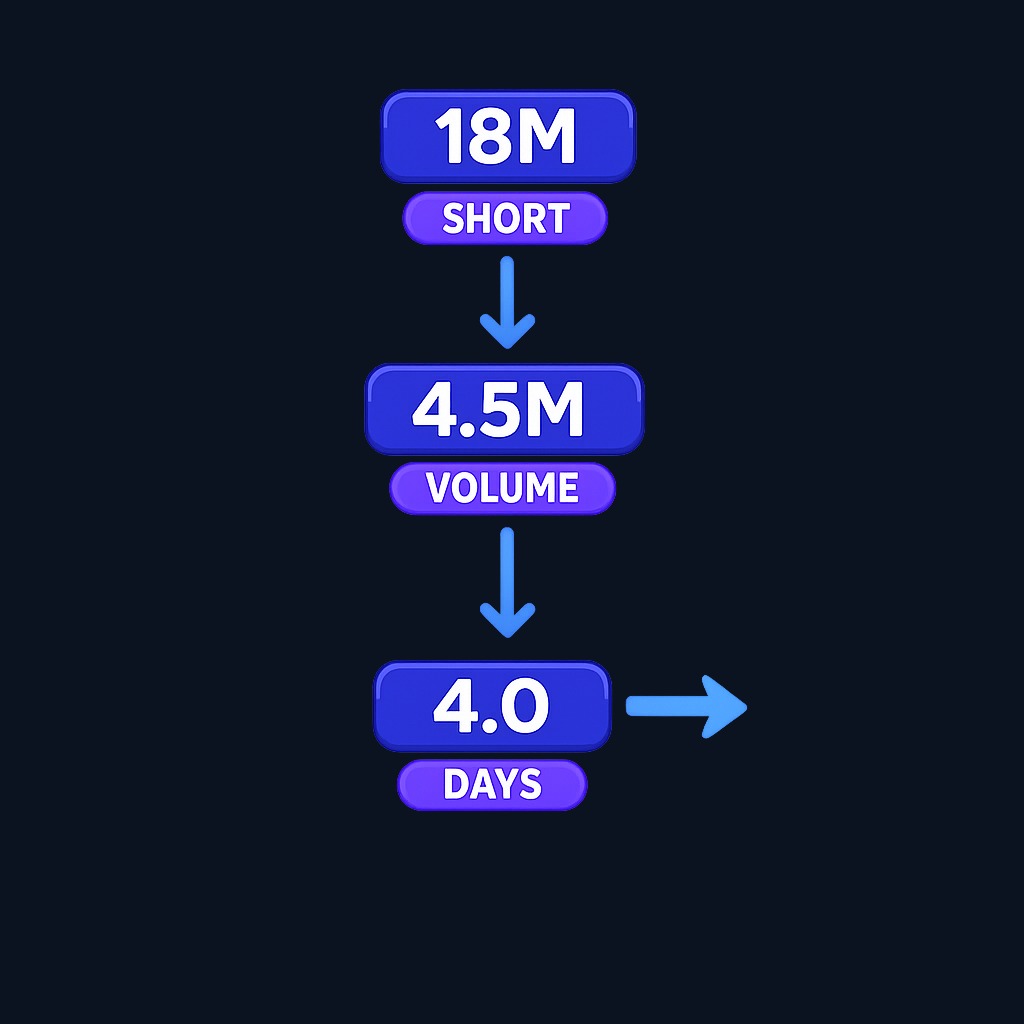Harbor Grid Corp. example: 18 million shares short ÷ 4.5 million average daily volume = 4.0 days to cover. This means it would theoretically take four days of average volume for all shorts to close—if all volume were available and no new dynamics emerged.