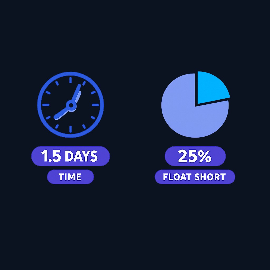 Days to cover (time-based) versus percent of float (supply-based) are distinct metrics. A stock can have 25% of its float sold short but only 1.5 days to cover if it trades heavily. Squeeze-watchers monitor both: high short percentage plus thin volume creates the most volatile conditions.