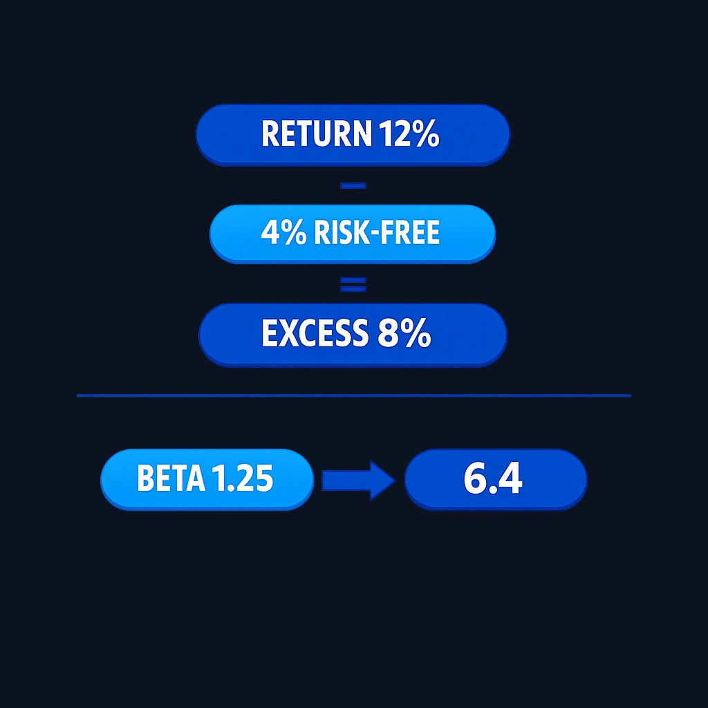 The Treynor ratio divides excess return (what you earned above the risk-free rate) by beta (how much your portfolio moves with the market).