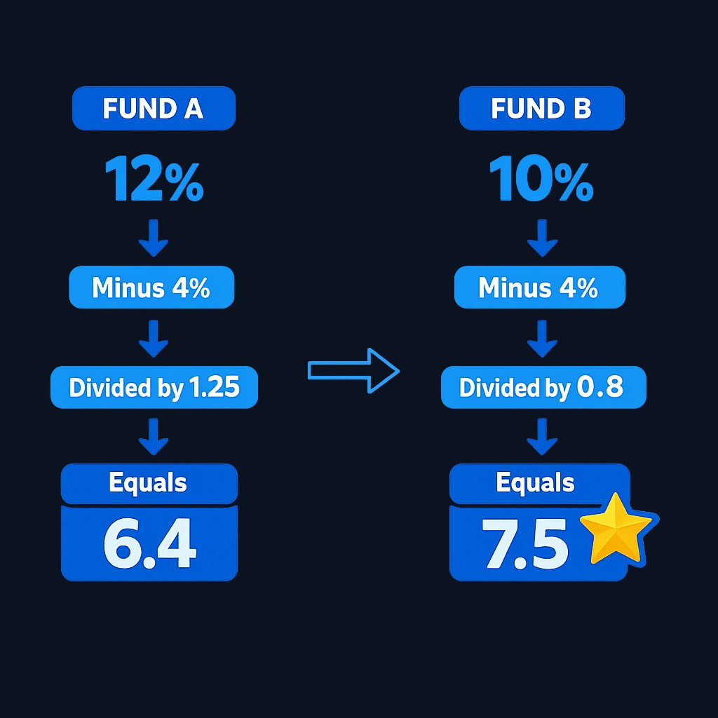 Fund A returns 12% with beta 1.25 (Treynor = 6.4). Fund B returns only 10% but with beta 0.8 (Treynor = 7.5). Fund B delivers more return for