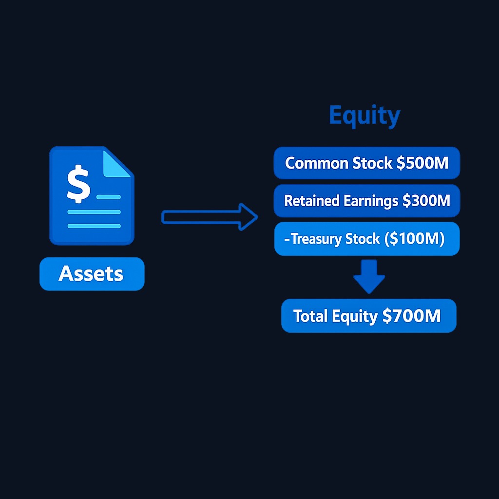 When a company spends $100 million on buybacks, treasury stock appears as a negative $100 million in the equity section. This reduces total